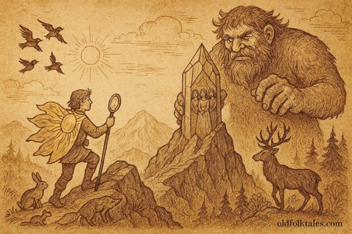 An illustration of Leif rescuing princesses from a giant in Norway’s Blue Mountain.