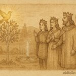 An illustration of golden bird and royal siblings, Serbian folktale scene.