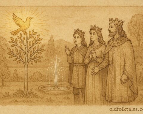 An illustration of golden bird and royal siblings, Serbian folktale scene.