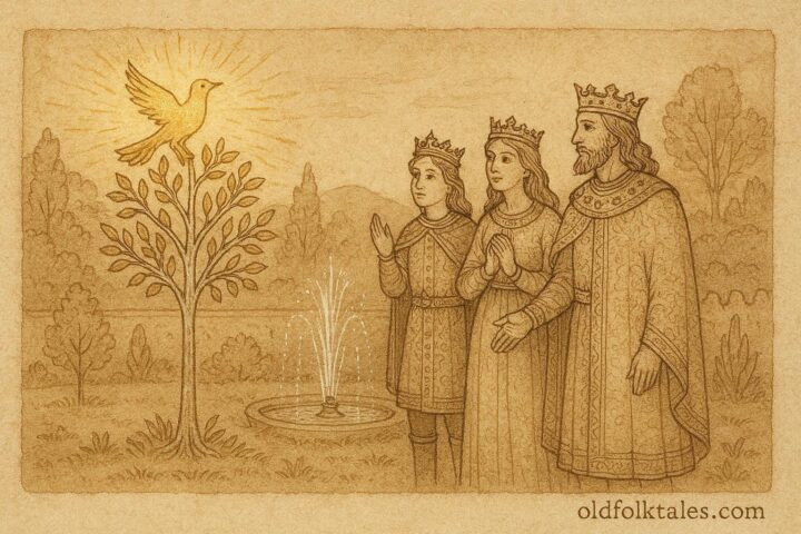 An illustration of golden bird and royal siblings, Serbian folktale scene.