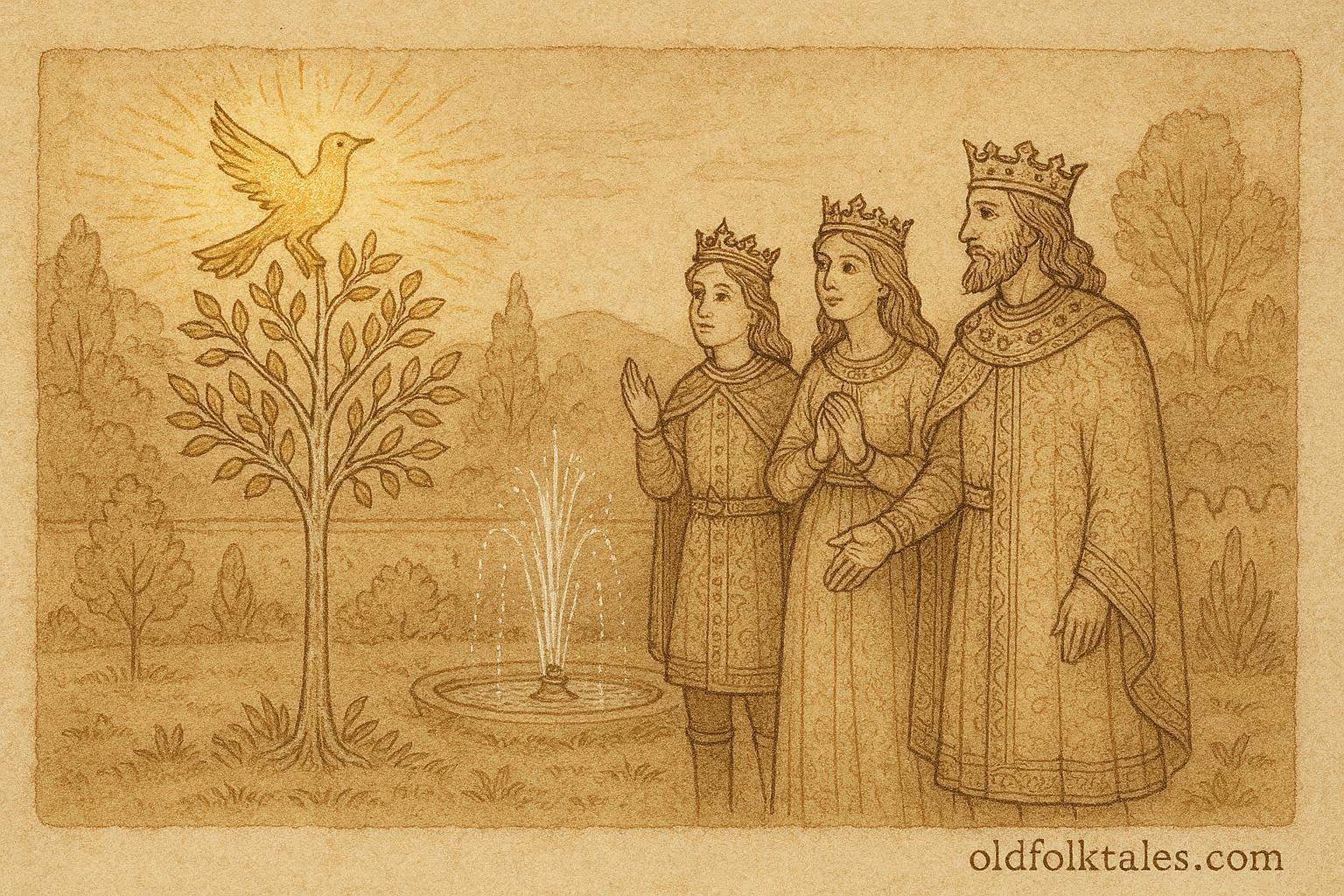 An illustration of golden bird and royal siblings, Serbian folktale scene.