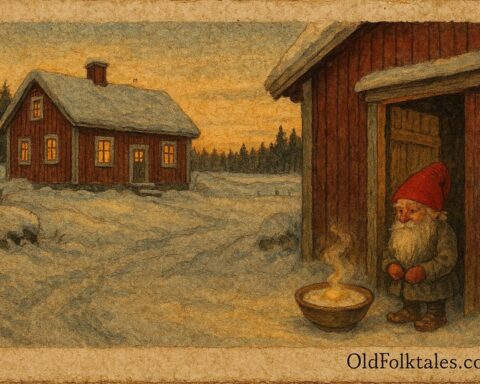An illustration of Swedish tomte beside farmhouse with porridge offering.