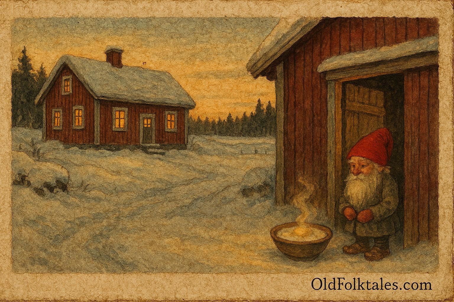 An illustration of Swedish tomte beside farmhouse with porridge offering.