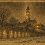 An illustration of ghostly knights guarding monastery, Polish legend scene.
