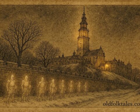An illustration of ghostly knights guarding monastery, Polish legend scene.