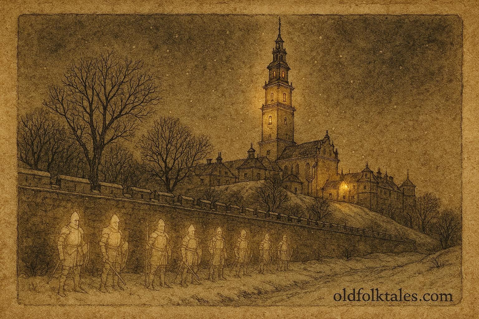 An illustration of ghostly knights guarding monastery, Polish legend scene.