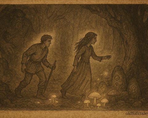 An illustration of Eirik guided by the troll’s daughter through a Norwegian forest cavern.