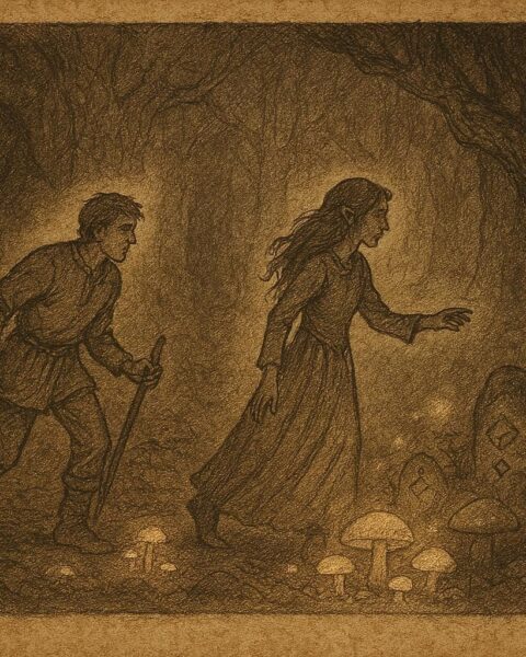 An illustration of Eirik guided by the troll’s daughter through a Norwegian forest cavern.