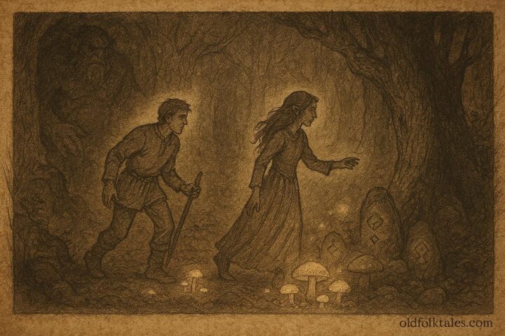 An illustration of Eirik guided by the troll’s daughter through a Norwegian forest cavern.
