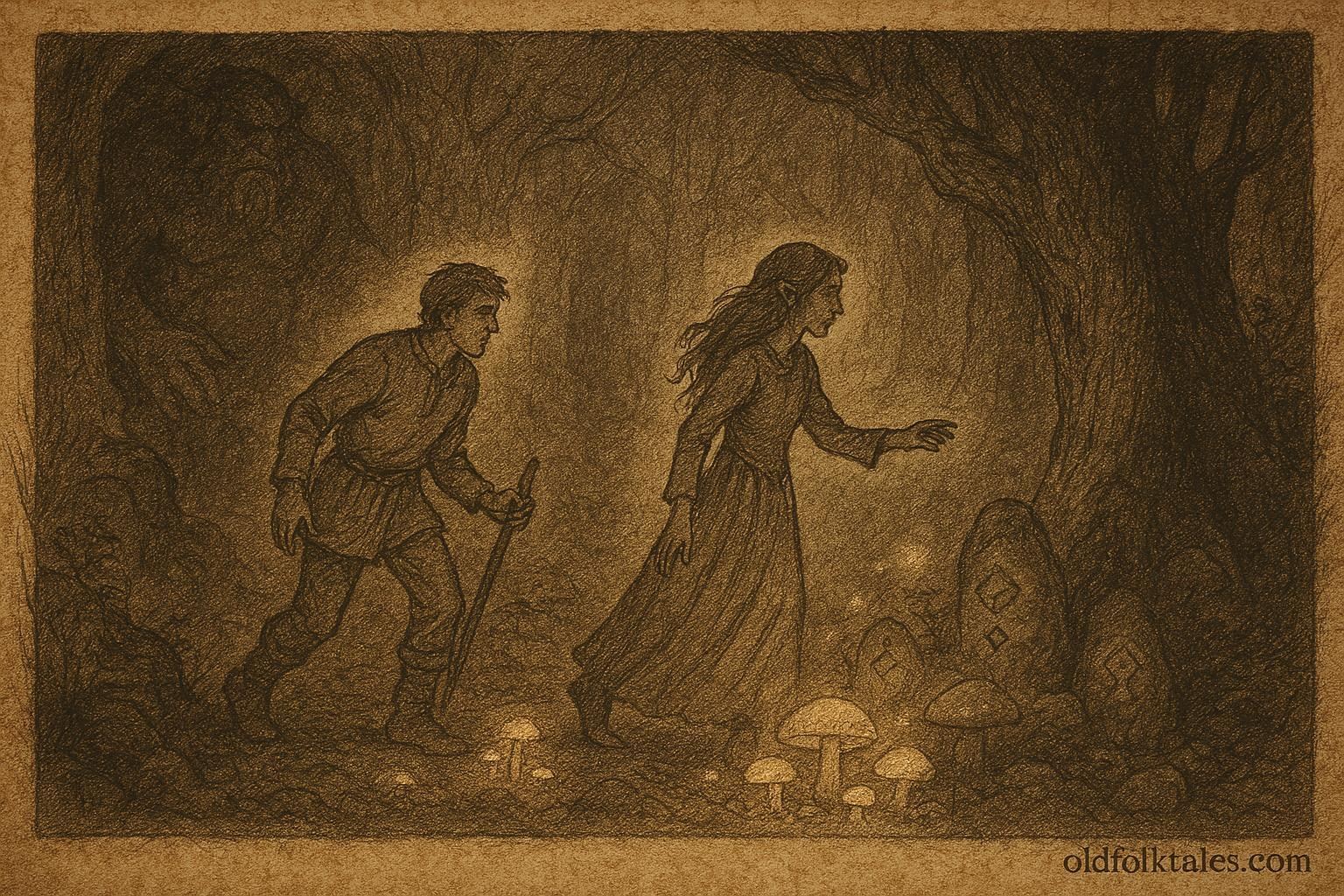 An illustration of Eirik guided by the troll’s daughter through a Norwegian forest cavern.