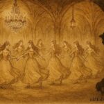 An illustration of twelve princesses dancing in an underground palace while an invisible soldier observes, German folktale scene.