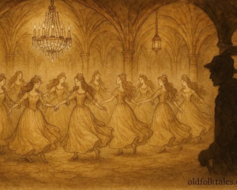 An illustration of twelve princesses dancing in an underground palace while an invisible soldier observes, German folktale scene.