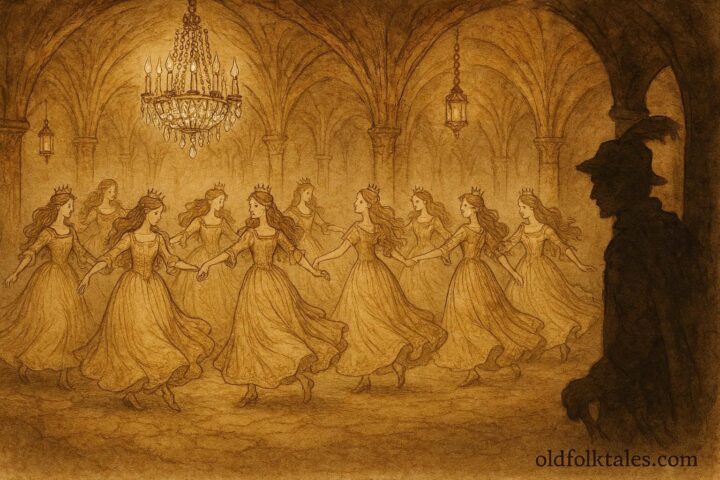 An illustration of twelve princesses dancing in an underground palace while an invisible soldier observes, German folktale scene.