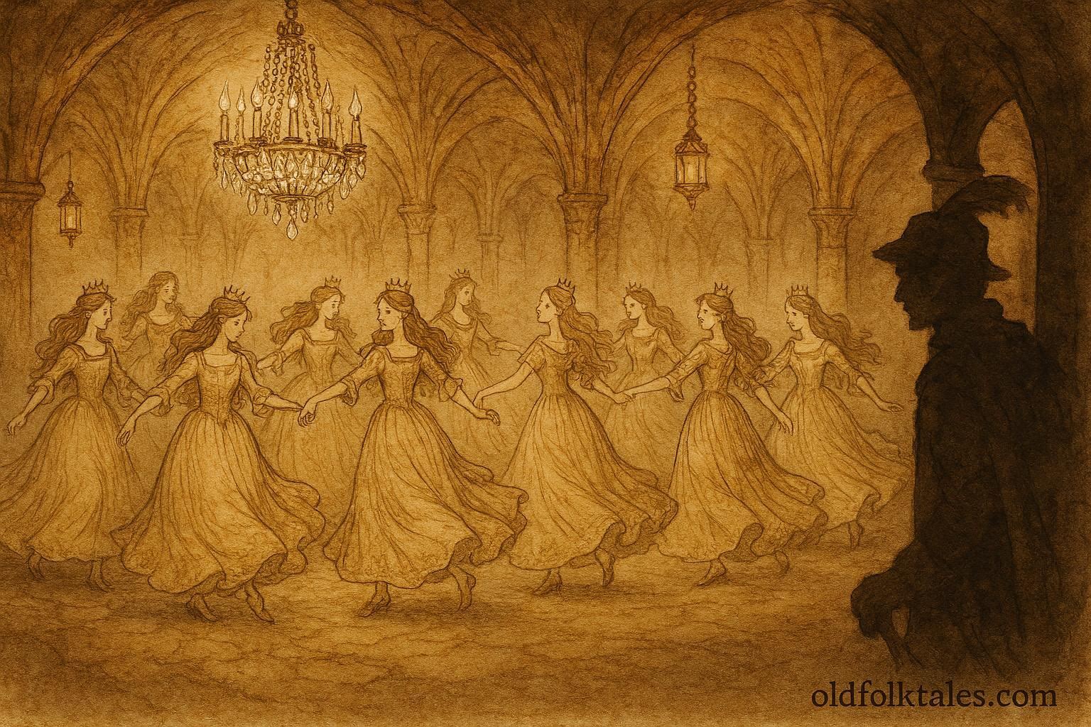 An illustration of twelve princesses dancing in an underground palace while an invisible soldier observes, German folktale scene.
