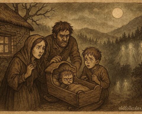 Parchment-style illustration of a Welsh family confronting a changeling child, Tylwyth Teg folklore scene.