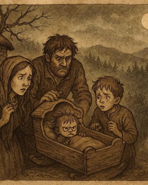 Parchment-style illustration of a Welsh family confronting a changeling child, Tylwyth Teg folklore scene.