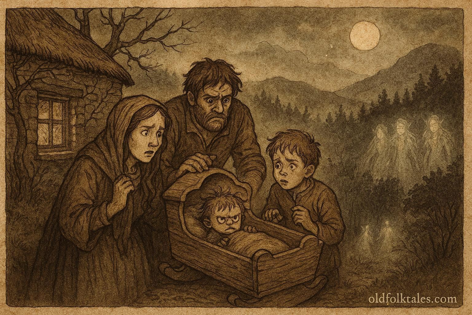 Parchment-style illustration of a Welsh family confronting a changeling child, Tylwyth Teg folklore scene.