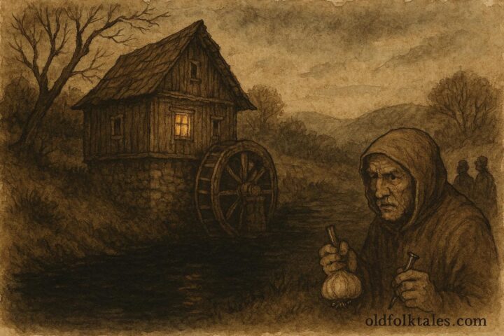 Parchment-style art of haunted Bulgarian mill and talasăm legend scene.