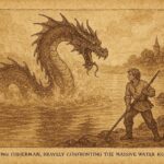 An illustration of Ivan confronting the water dragon in the Croatian Kupa River.