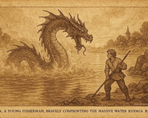 An illustration of Ivan confronting the water dragon in the Croatian Kupa River.