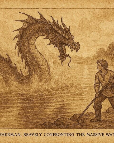 An illustration of Ivan confronting the water dragon in the Croatian Kupa River.