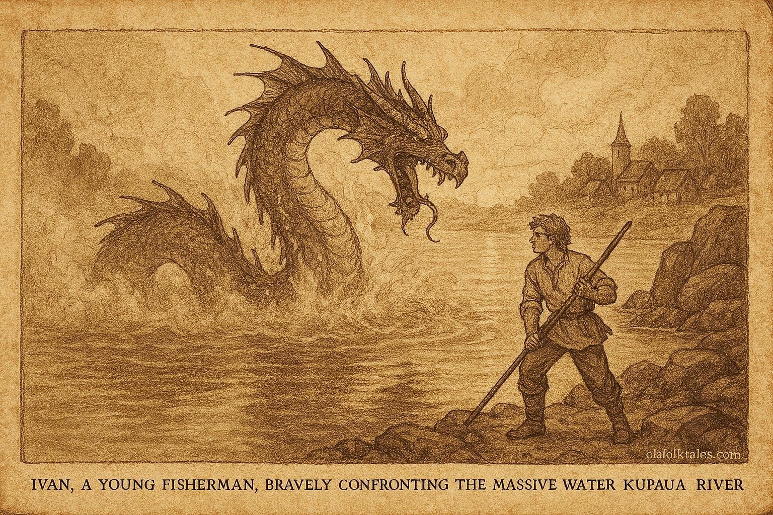 An illustration of Ivan confronting the water dragon in the Croatian Kupa River.