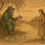 Parchment-style Vodník by Bohemian river with porcelain soul cups.