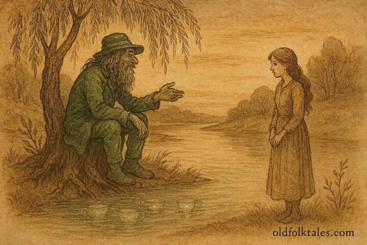 Parchment-style Vodník by Bohemian river with porcelain soul cups.