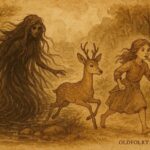 Parchment-style illustration of siblings escaping a river spirit in German folklore.