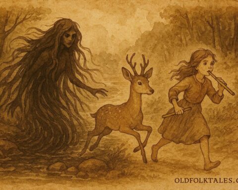 Parchment-style illustration of siblings escaping a river spirit in German folklore.