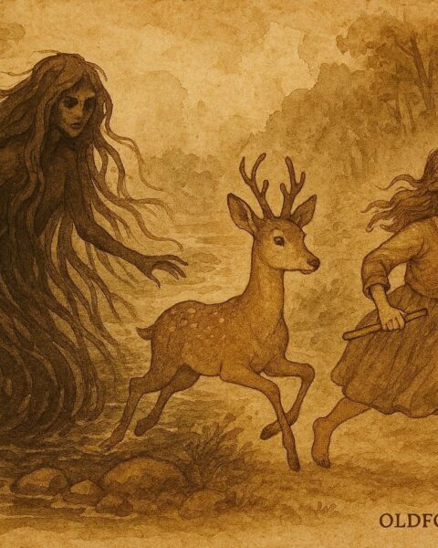 Parchment-style illustration of siblings escaping a river spirit in German folklore.