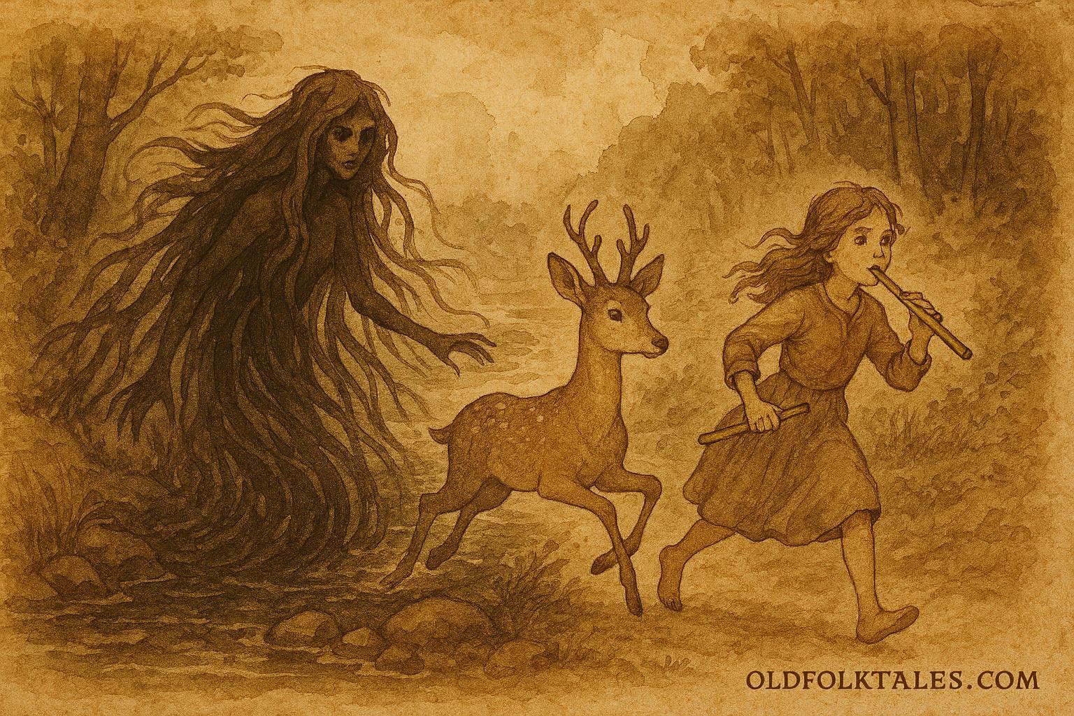 Parchment-style illustration of siblings escaping a river spirit in German folklore.