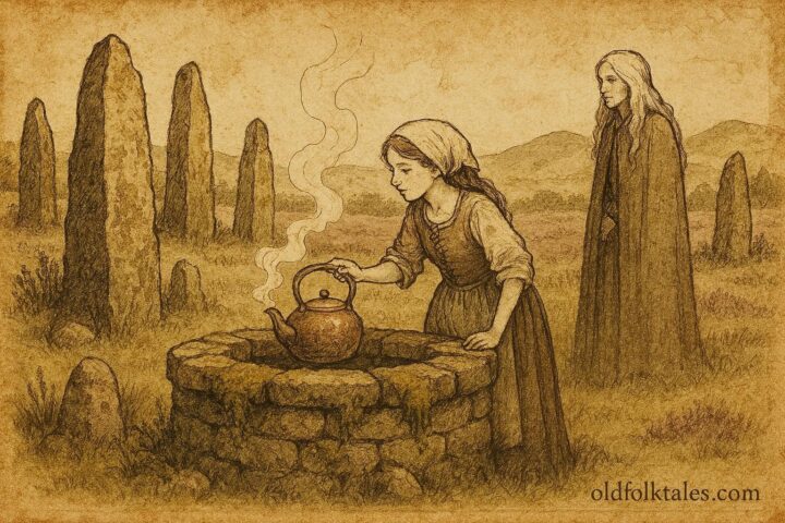 Parchment-style art of Scottish girl at enchanted well in Lowlands.