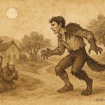 An artwork of Portuguese seventh son turning werewolf at crossroads, Portugal folktale scene.