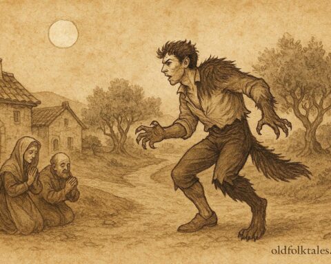 An artwork of Portuguese seventh son turning werewolf at crossroads, Portugal folktale scene.