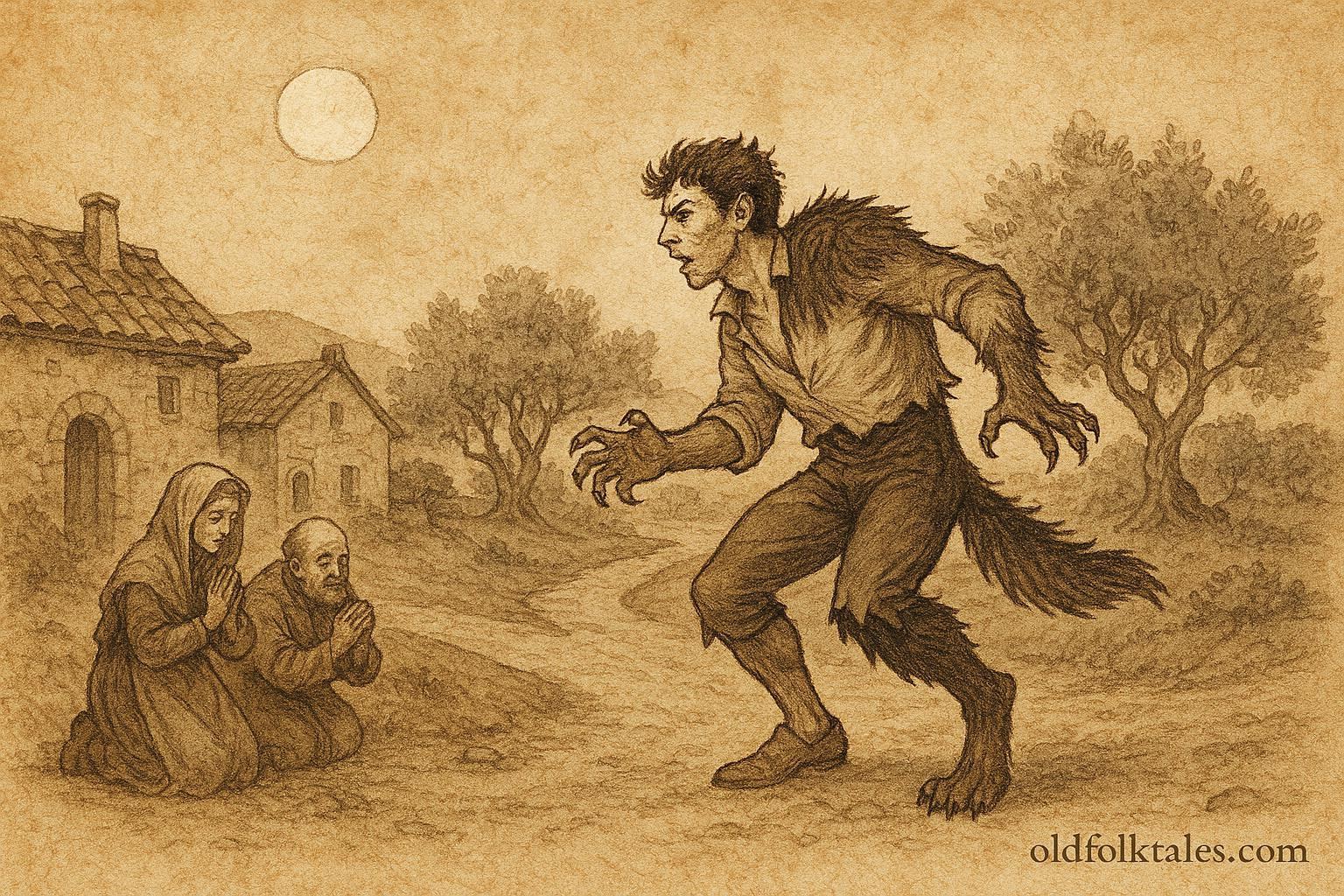 An artwork of Portuguese seventh son turning werewolf at crossroads, Portugal folktale scene.