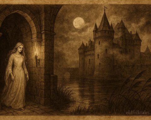 An illustration of the White Lady in Muiderslot Castle, Dutch folktale scene.