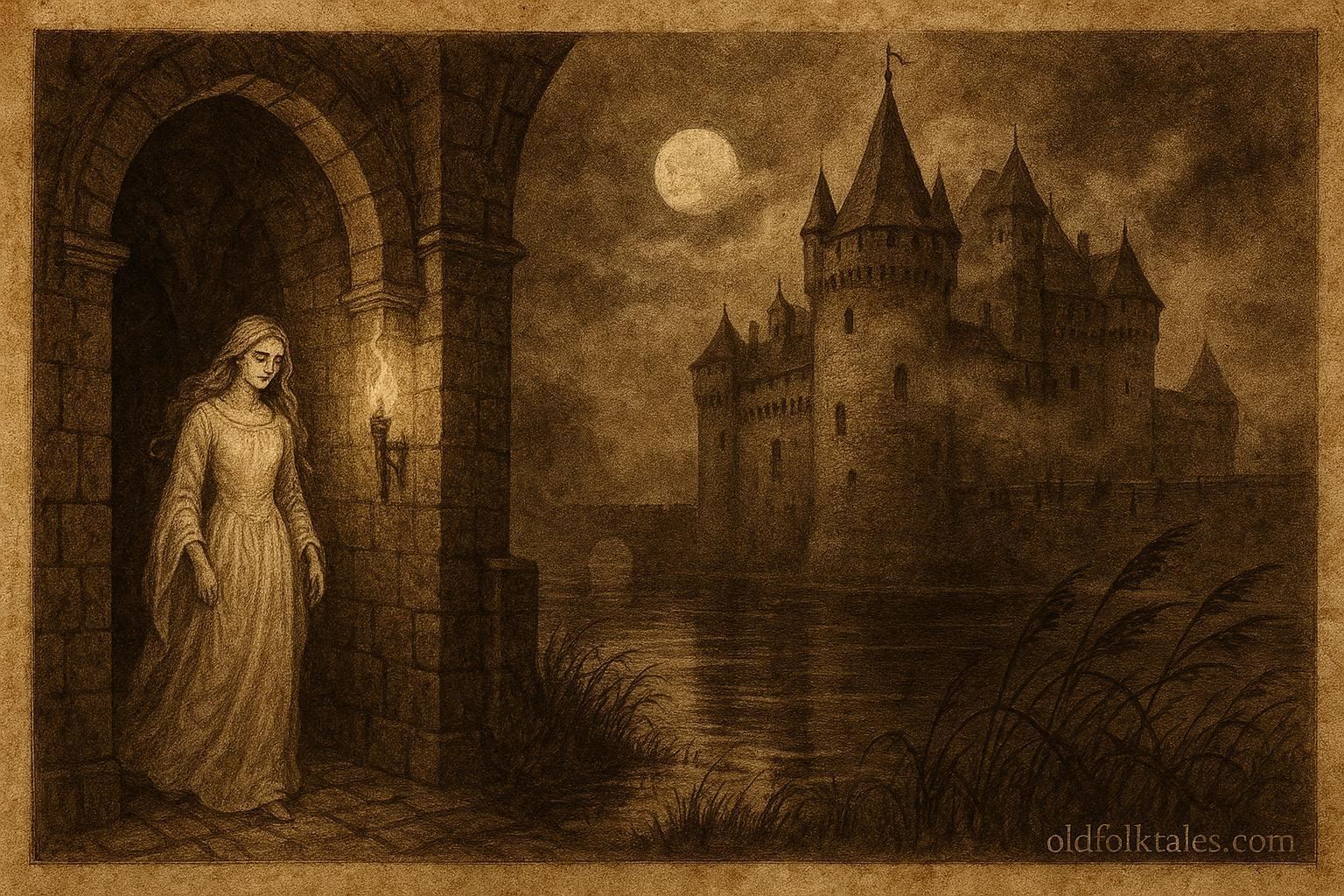 An illustration of the White Lady in Muiderslot Castle, Dutch folktale scene.