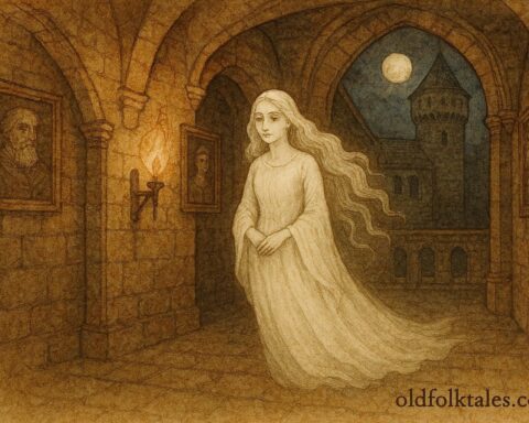 Parchment-style artwork of White Lady spirit in Swiss castle, Habsburg legend.