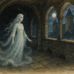 Parchment-style artwork of the White Lady ghost walking the halls of Öland Castle, Sweden.