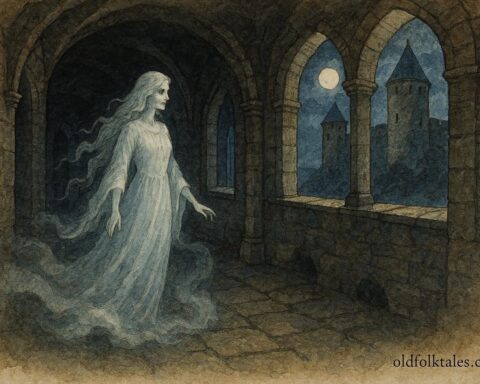 Parchment-style artwork of the White Lady ghost walking the halls of Öland Castle, Sweden.