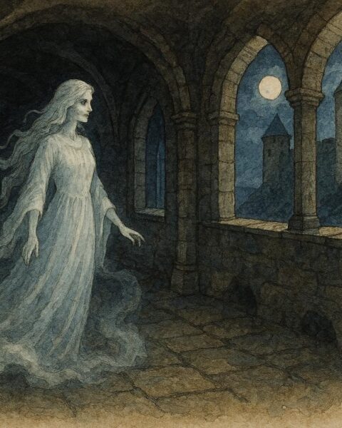 Parchment-style artwork of the White Lady ghost walking the halls of Öland Castle, Sweden.