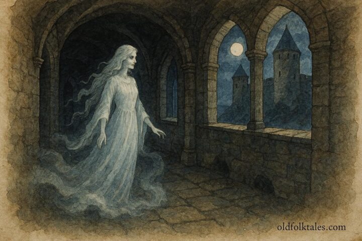 Parchment-style artwork of the White Lady ghost walking the halls of Öland Castle, Sweden.