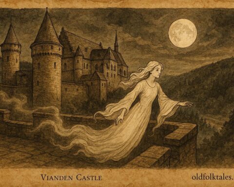 Parchment-style illustration of the White Lady haunting Vianden Castle, Luxembourg folklore.