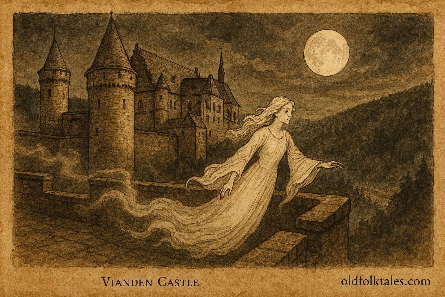 Parchment-style illustration of the White Lady haunting Vianden Castle, Luxembourg folklore.