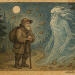 Parchment-style illustration of an old man meeting Wind and Frost in a Ukrainian folktale forest.