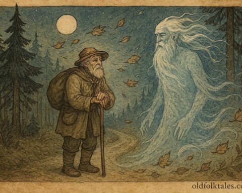 Parchment-style illustration of an old man meeting Wind and Frost in a Ukrainian folktale forest.