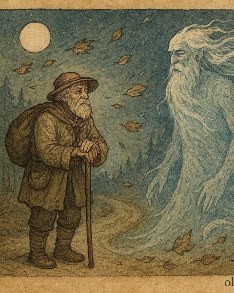 Parchment-style illustration of an old man meeting Wind and Frost in a Ukrainian folktale forest.
