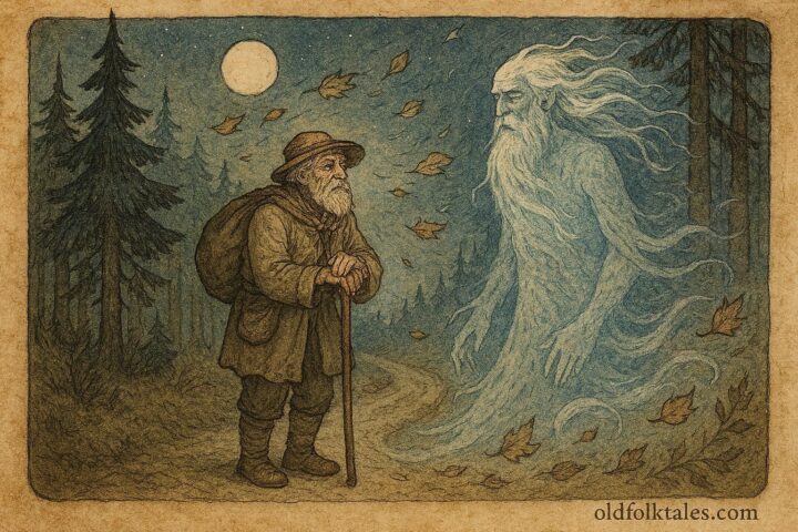 Parchment-style illustration of an old man meeting Wind and Frost in a Ukrainian folktale forest.