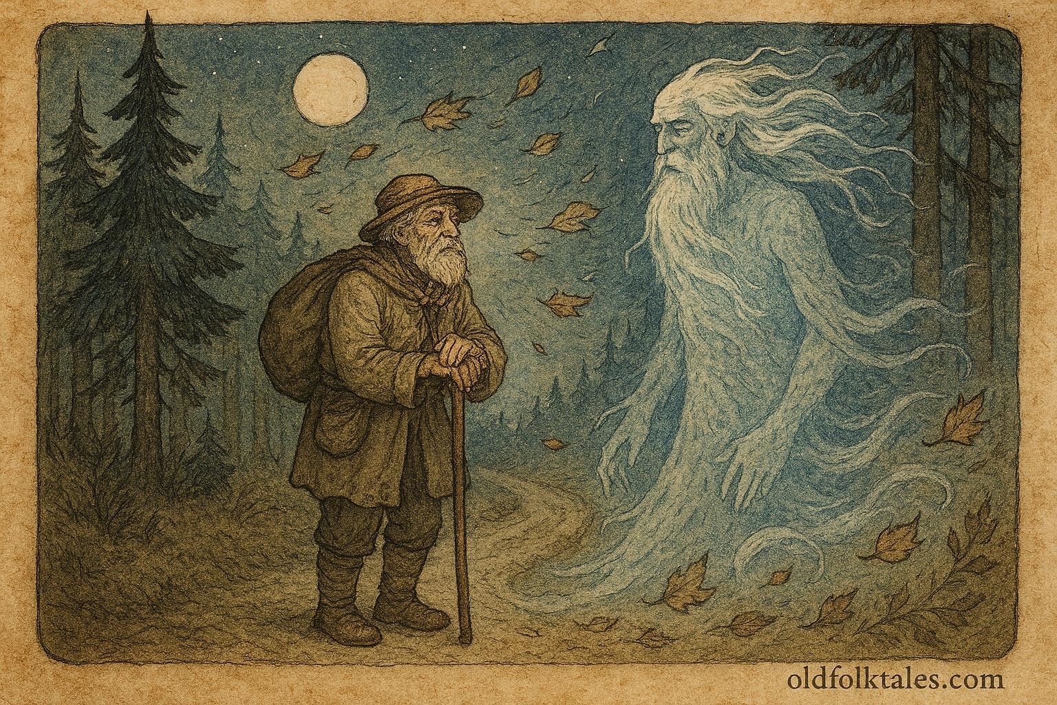 Parchment-style illustration of an old man meeting Wind and Frost in a Ukrainian folktale forest.